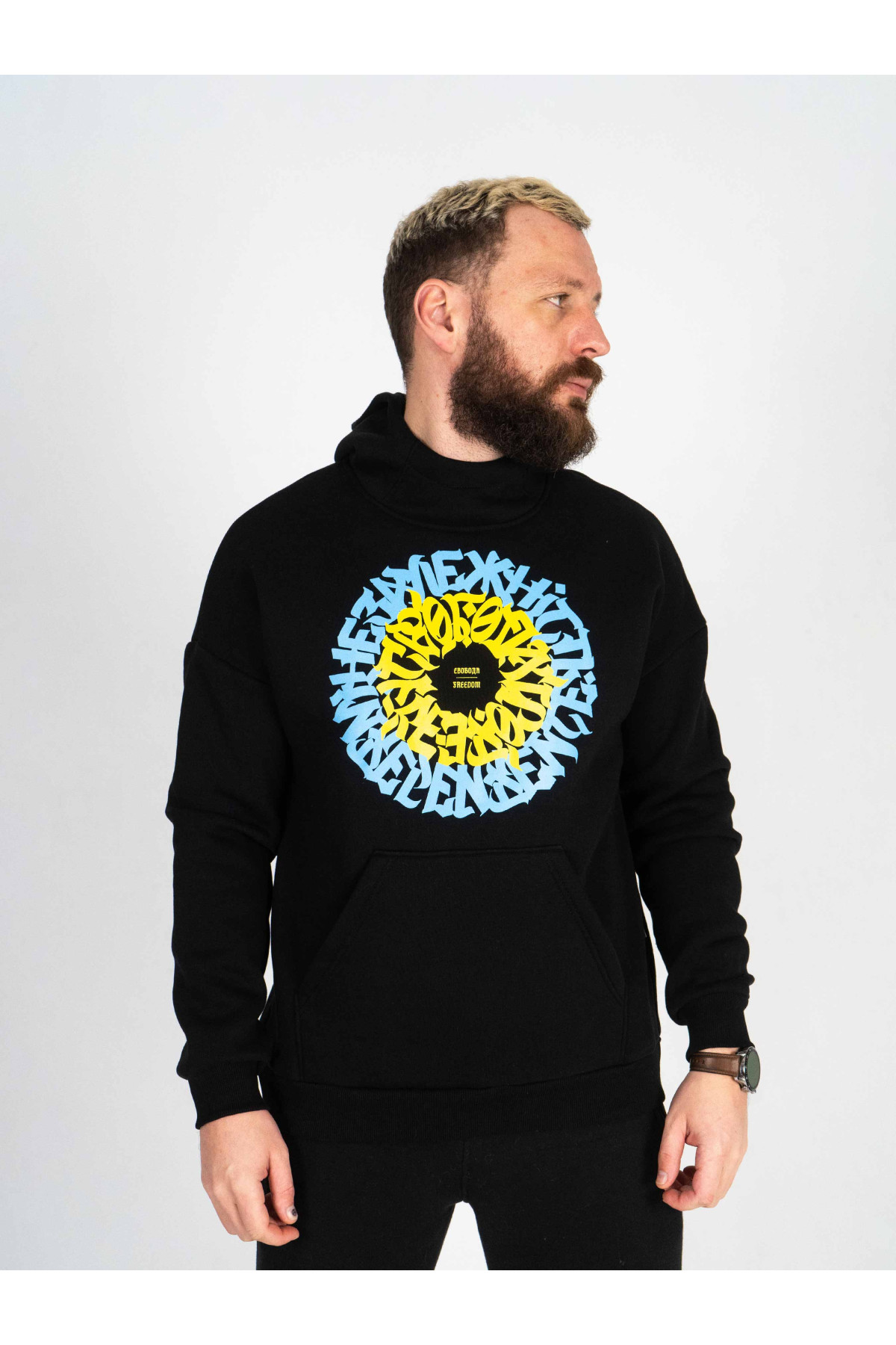 Худі утеплене чорне Custom Wear Свобода блакитно-жовте лого