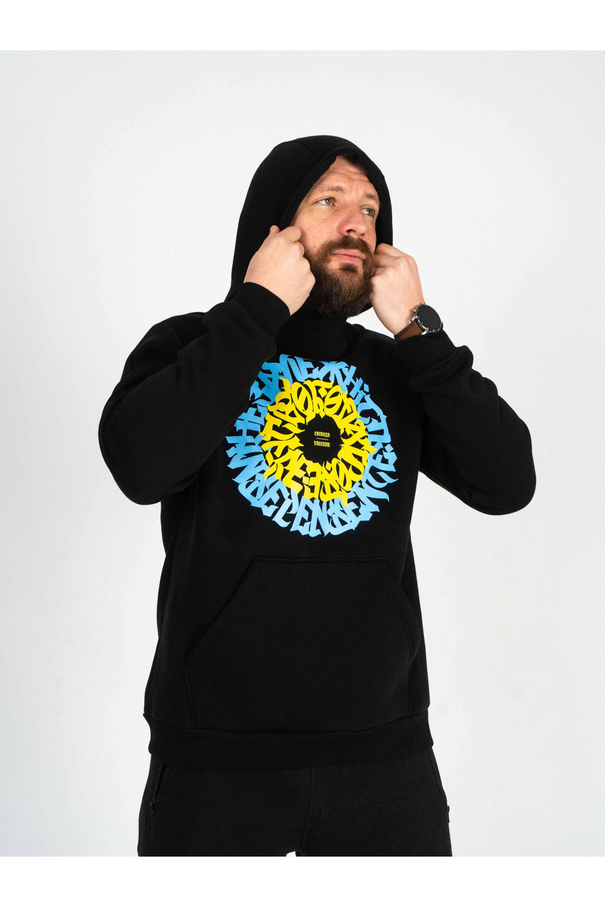 Худі утеплене чорне Custom Wear Свобода блакитно-жовте лого