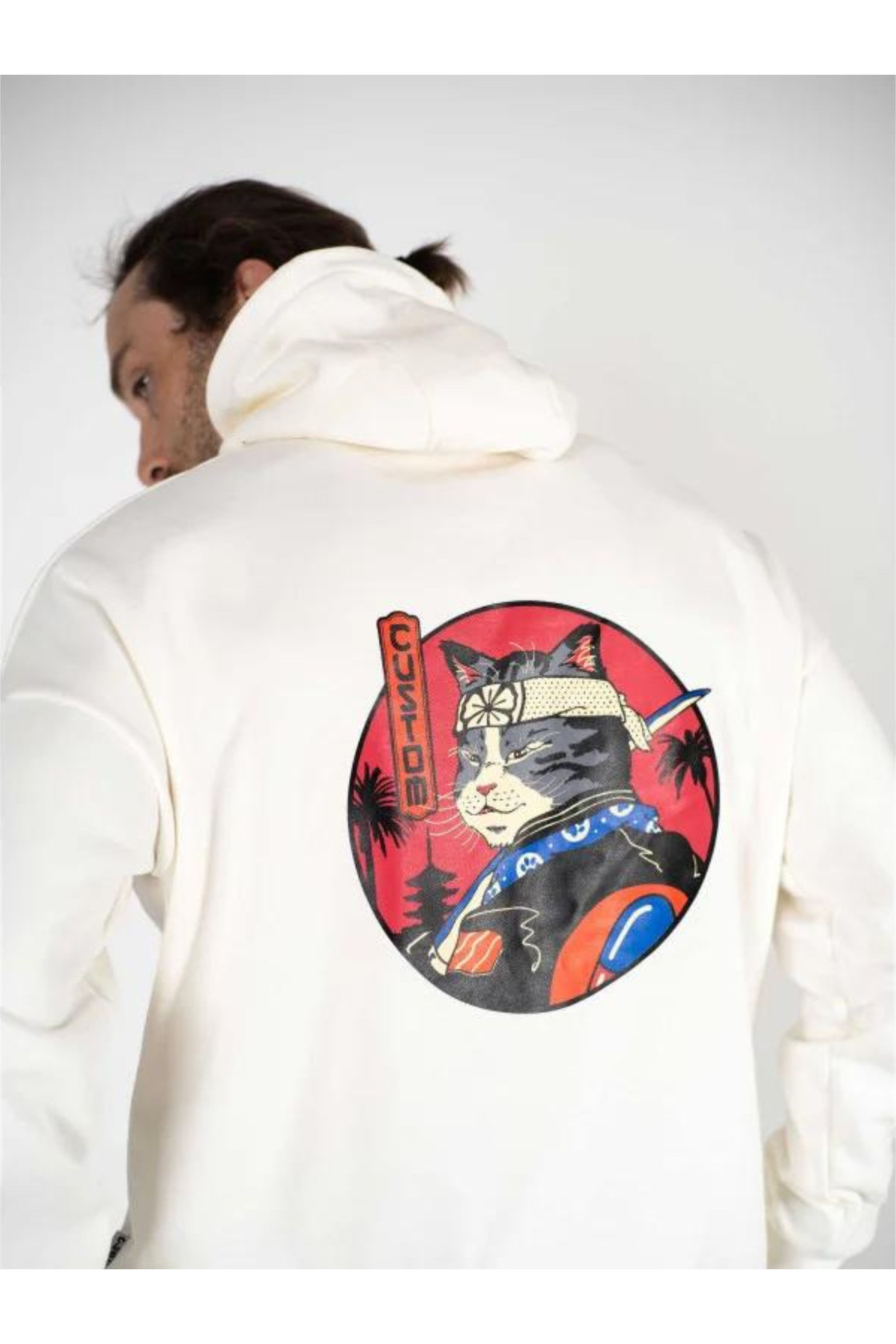Худі оверсайз Custom Wear без начосу Japan Cat білий