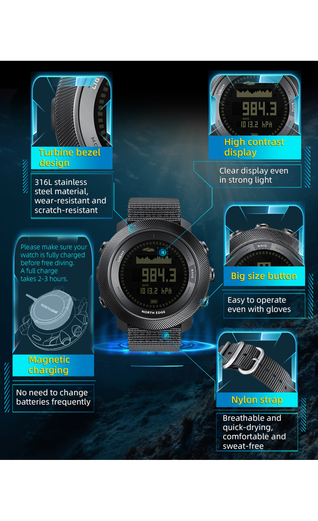 Чоловічий годинник  North Edge Model D 10 Bar з компасом