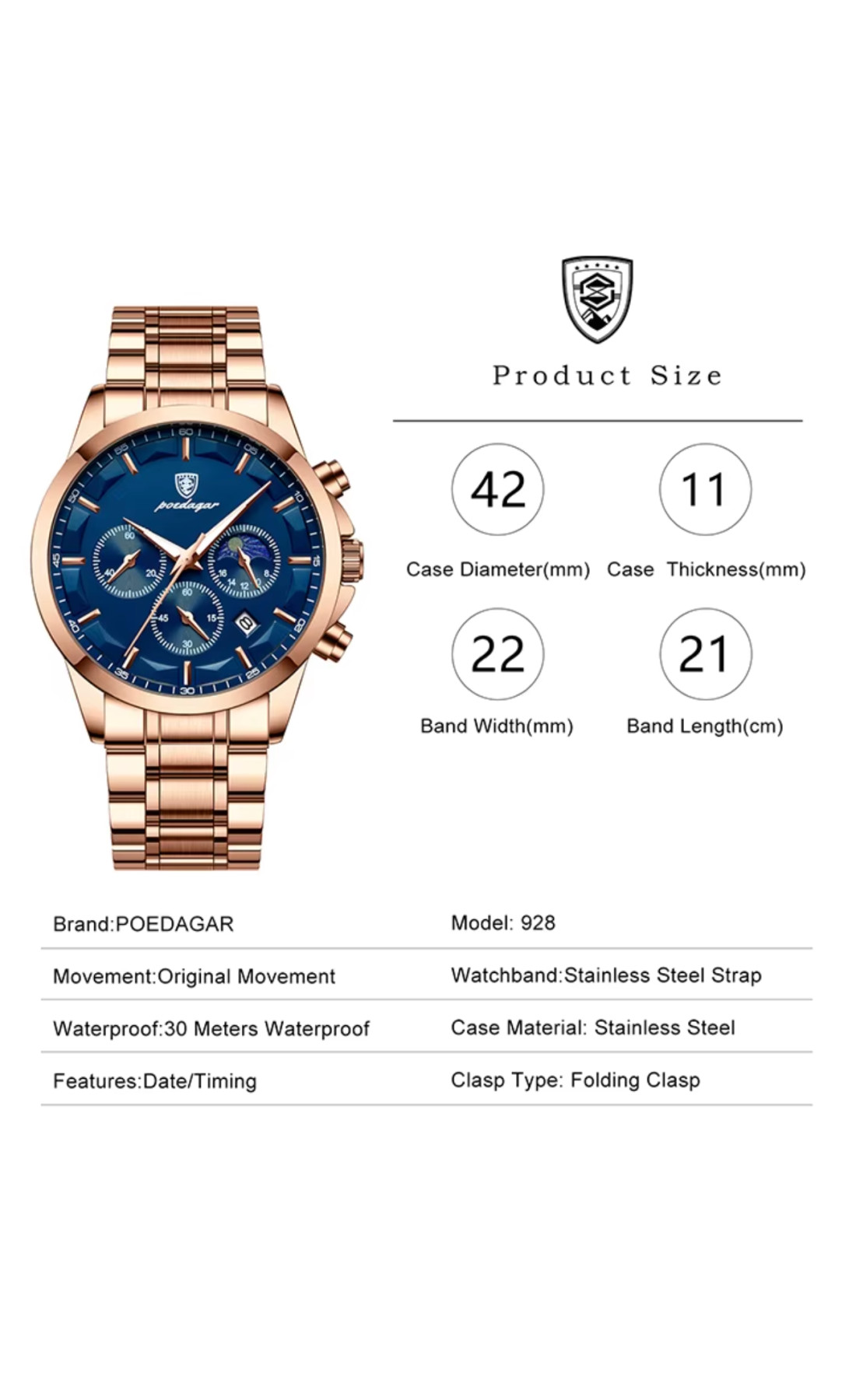 Чоловічий годинник  Poedagar West RoseSteel