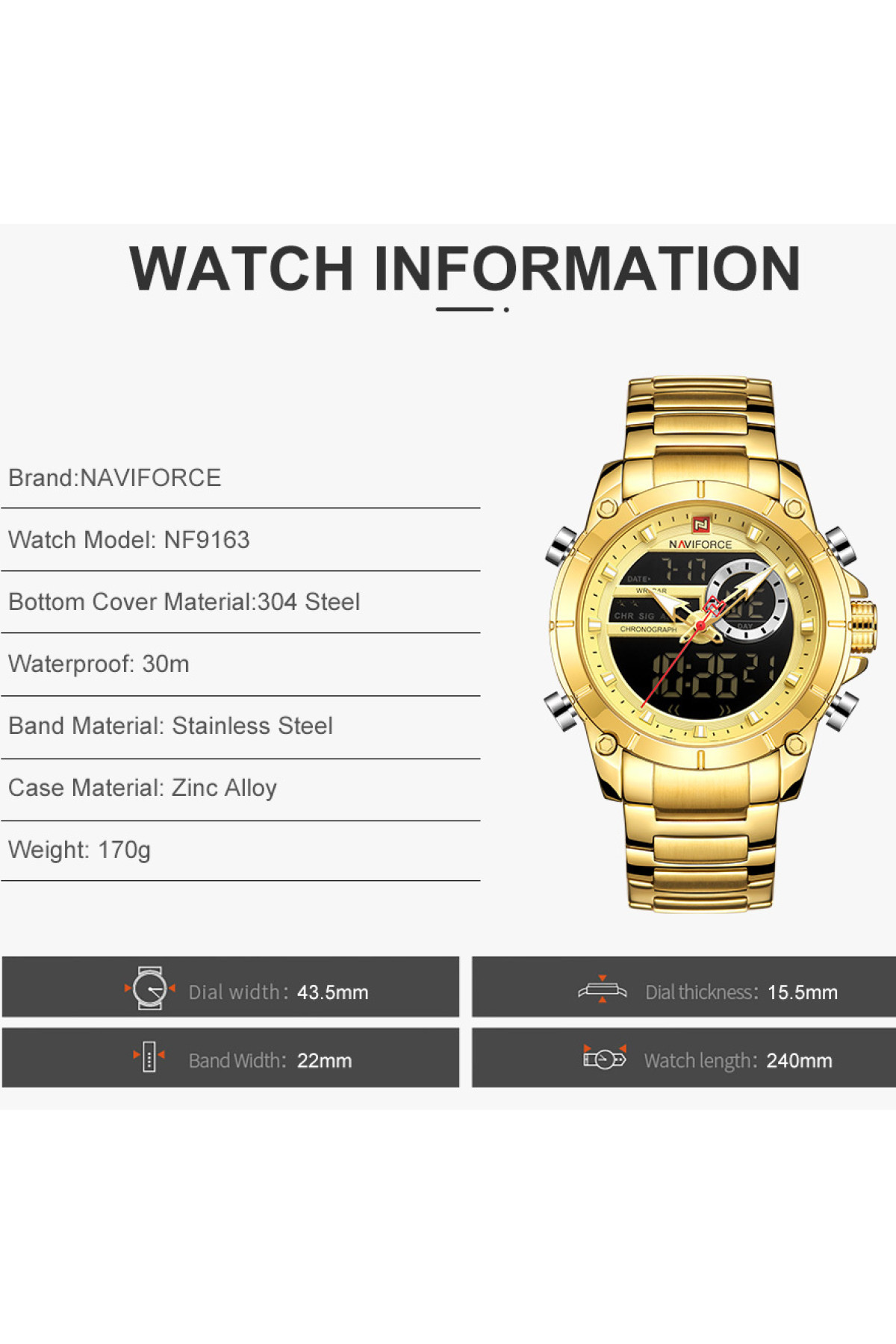 Чоловічий годинник  Naviforce Jazz Gold