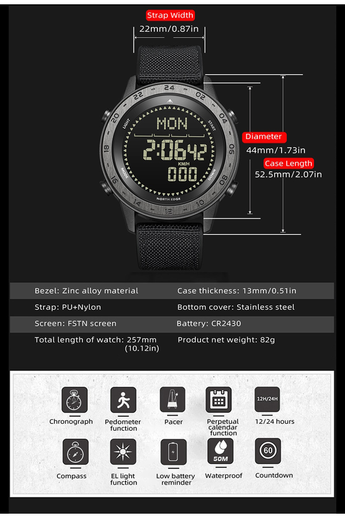 Чоловічий годинник  North Edge Tank3 5BAR з компасом