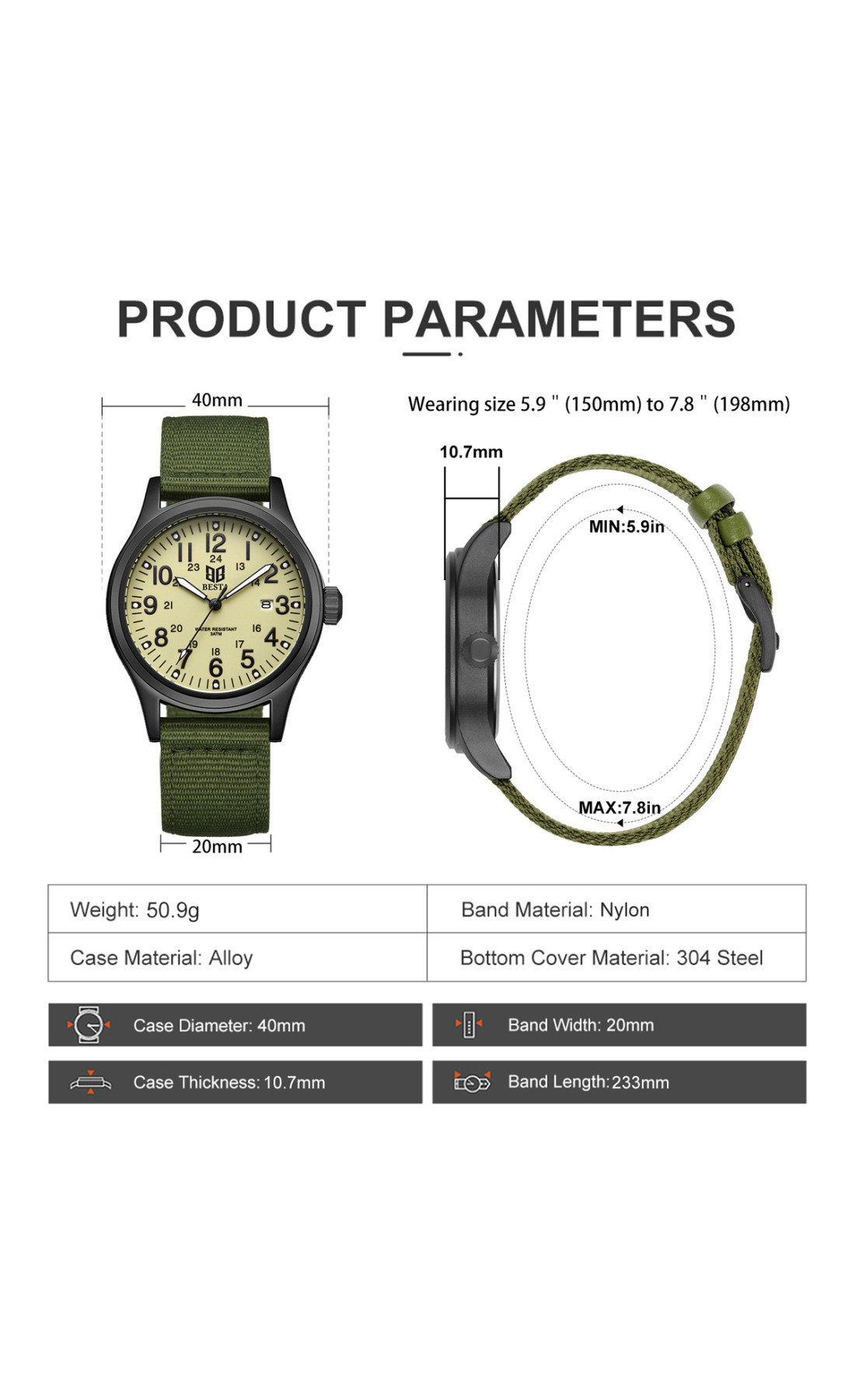 Чоловічий годинник  Besta Command Green Nylon, 2 ремінці
