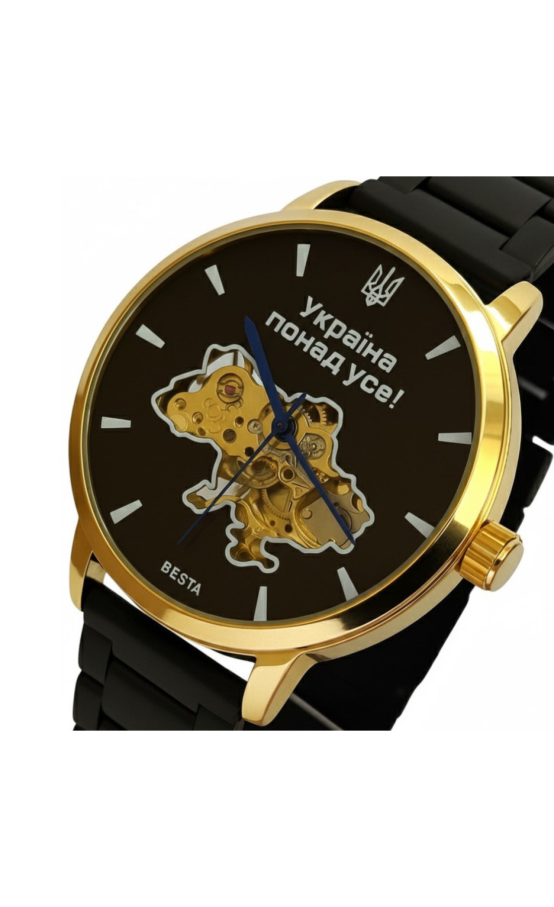 Чоловічий годинник  Besta Skeleton Gold Black Metal, 2 ремінці