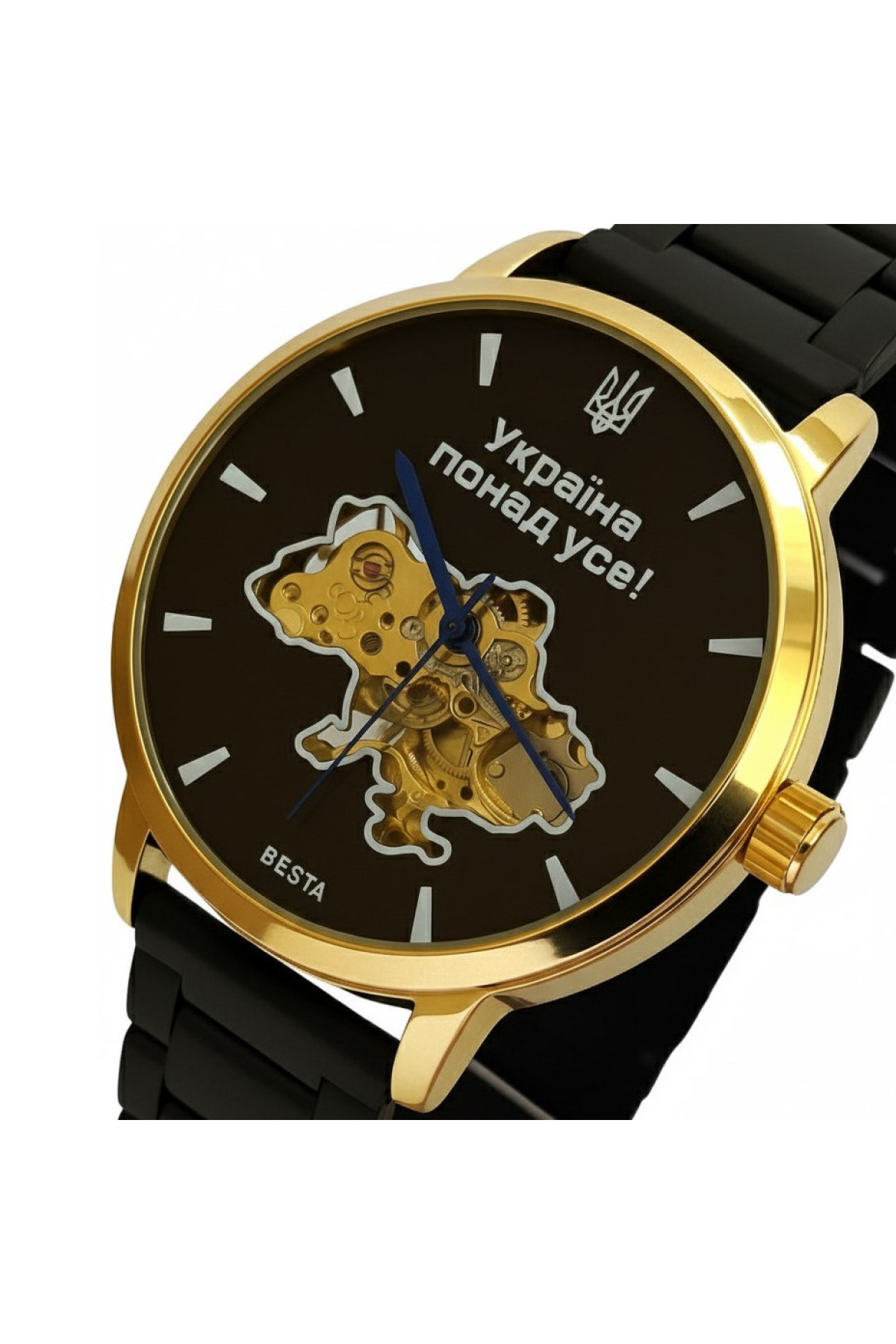 Чоловічий годинник  Besta Skeleton Gold Black Metal, 2 ремінці
