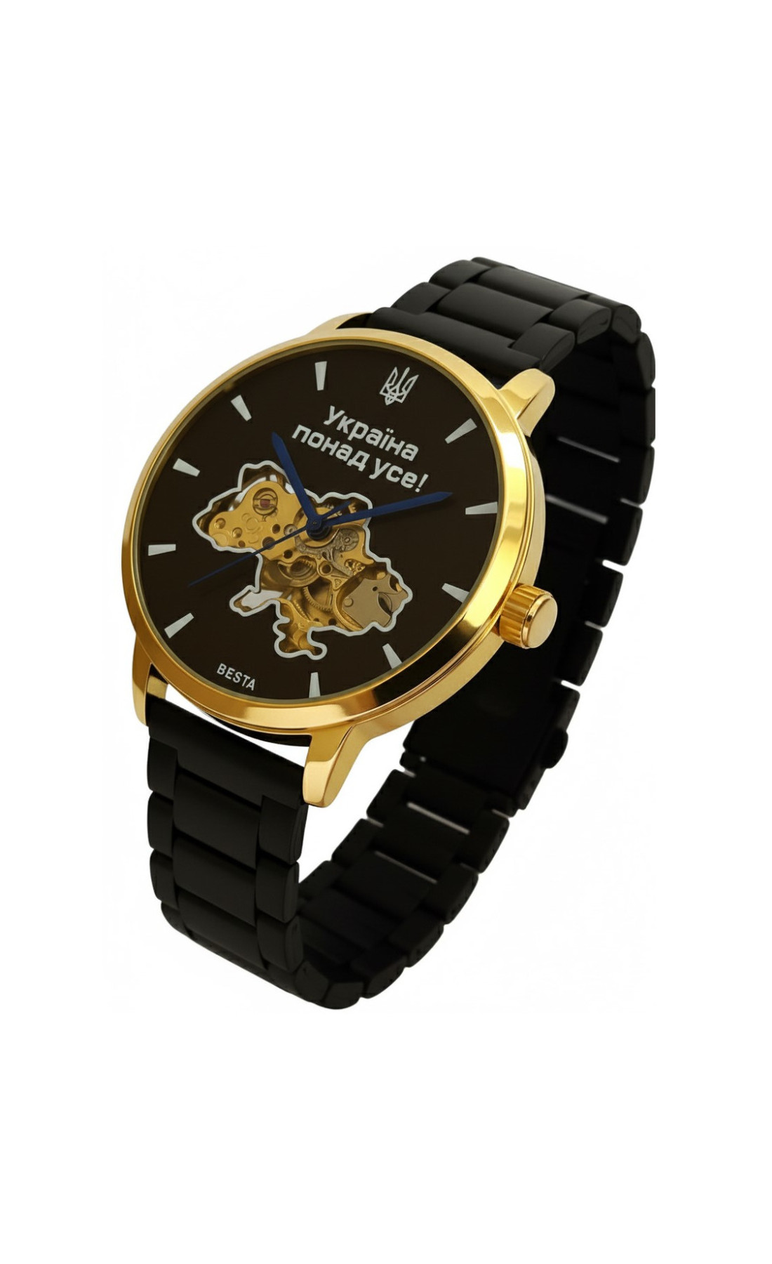 Чоловічий годинник  Besta Skeleton Gold Black Metal, 2 ремінці