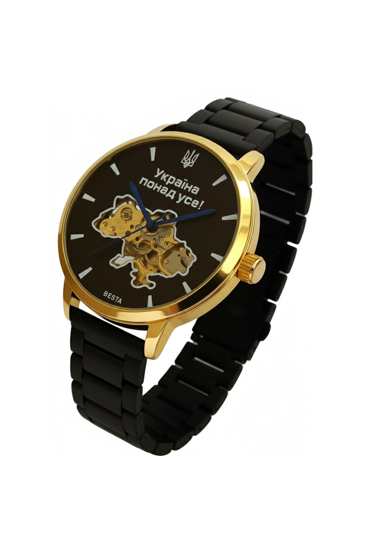 Чоловічий годинник  Besta Skeleton Gold Black Metal, 2 ремінці