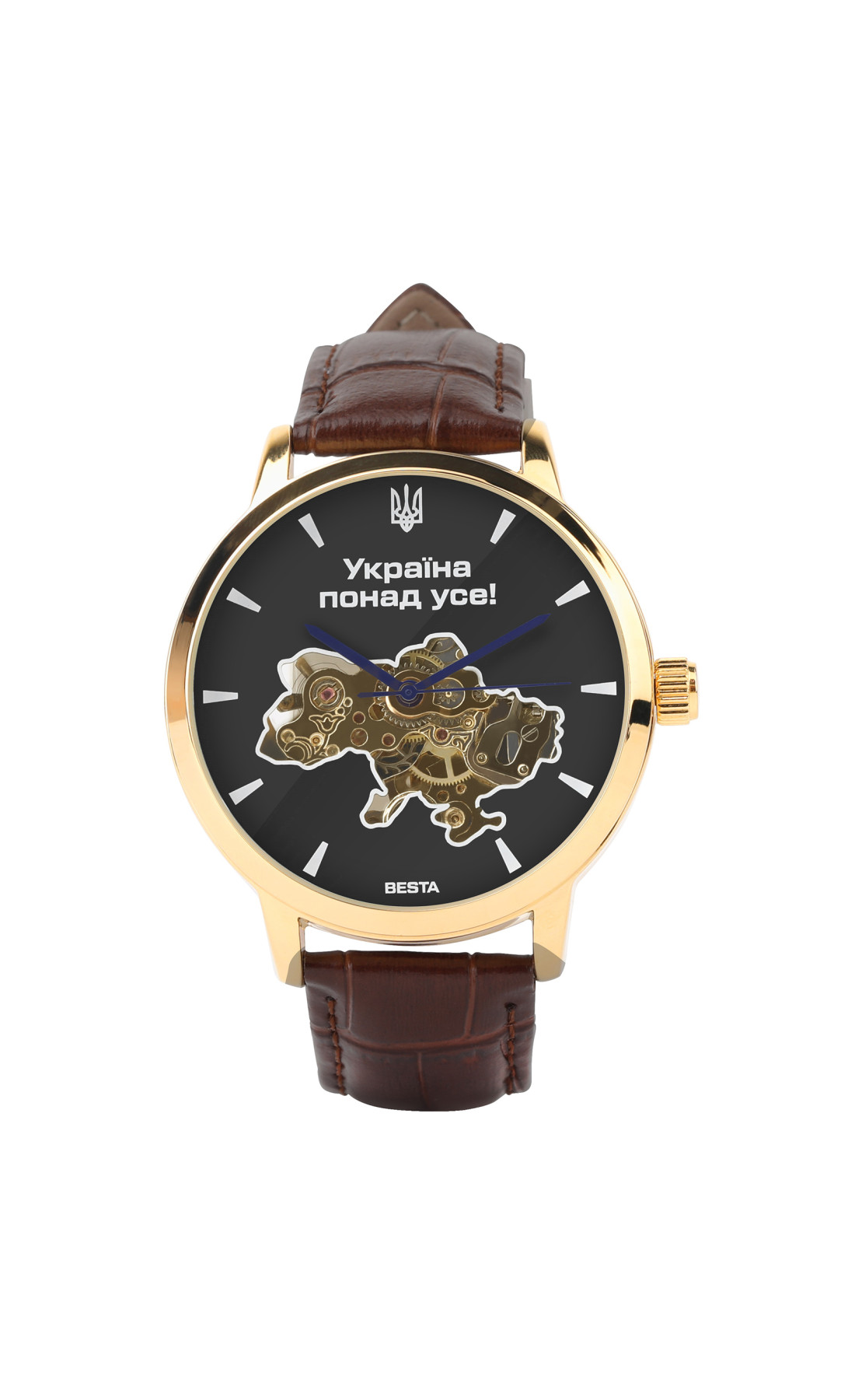 Чоловічий годинник  Besta Skeleton Gold Black Metal, 2 ремінці