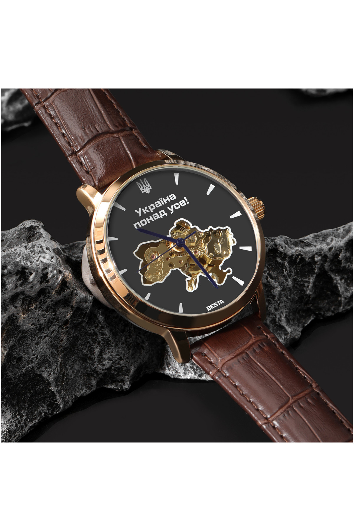 Чоловічий годинник  Besta Skeleton Gold Black Metal, 2 ремінці