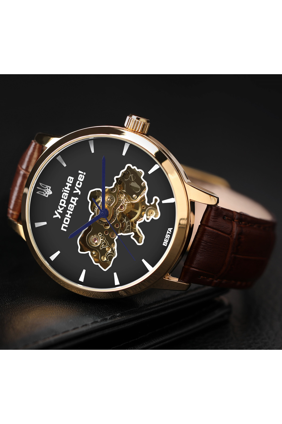 Чоловічий годинник  Besta Skeleton Gold Black Metal, 2 ремінці