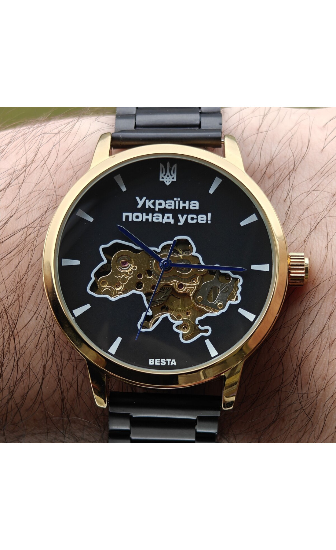 Чоловічий годинник  Besta Skeleton Gold Black Metal, 2 ремінці