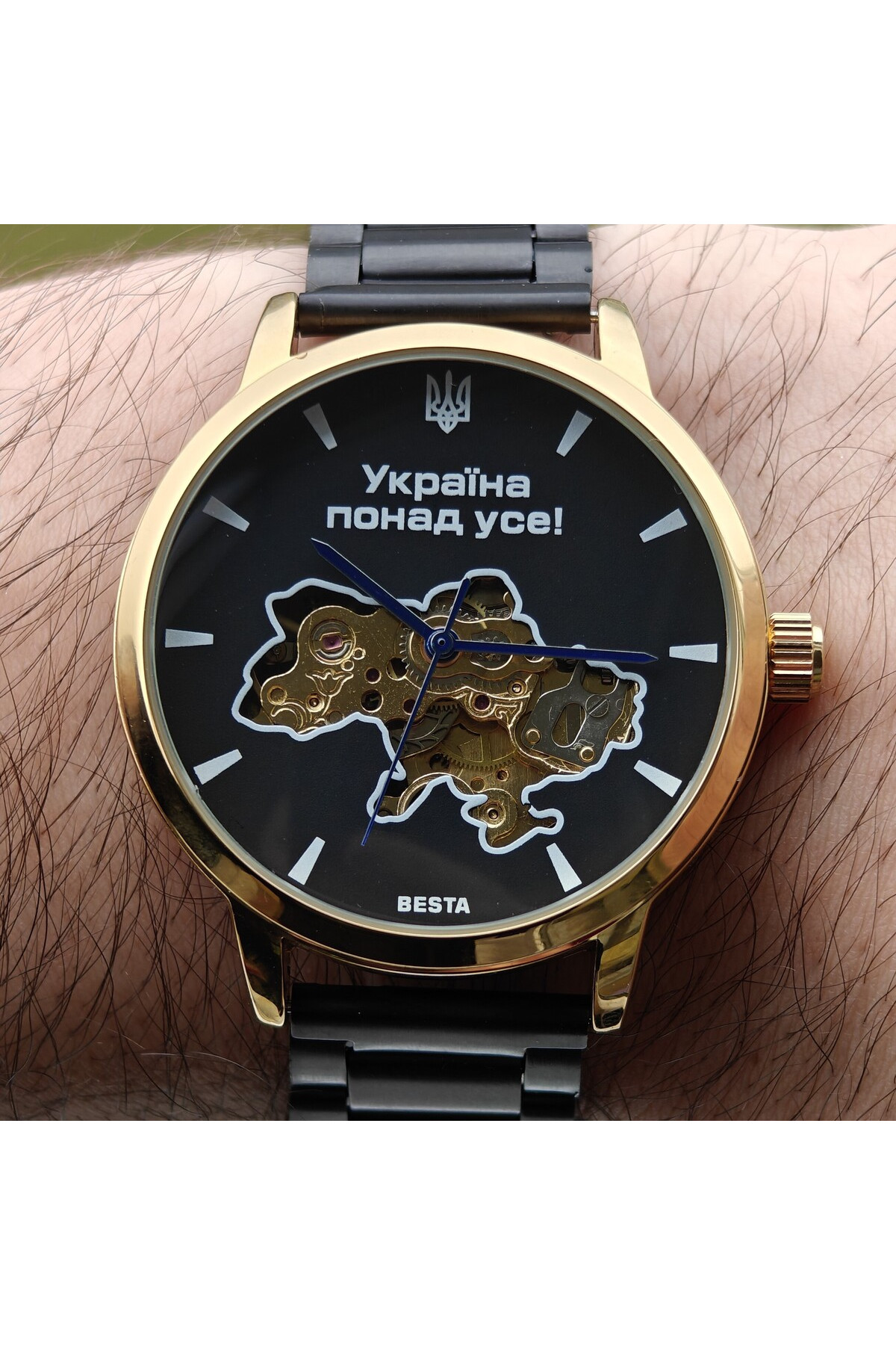 Чоловічий годинник  Besta Skeleton Gold Black Metal, 2 ремінці