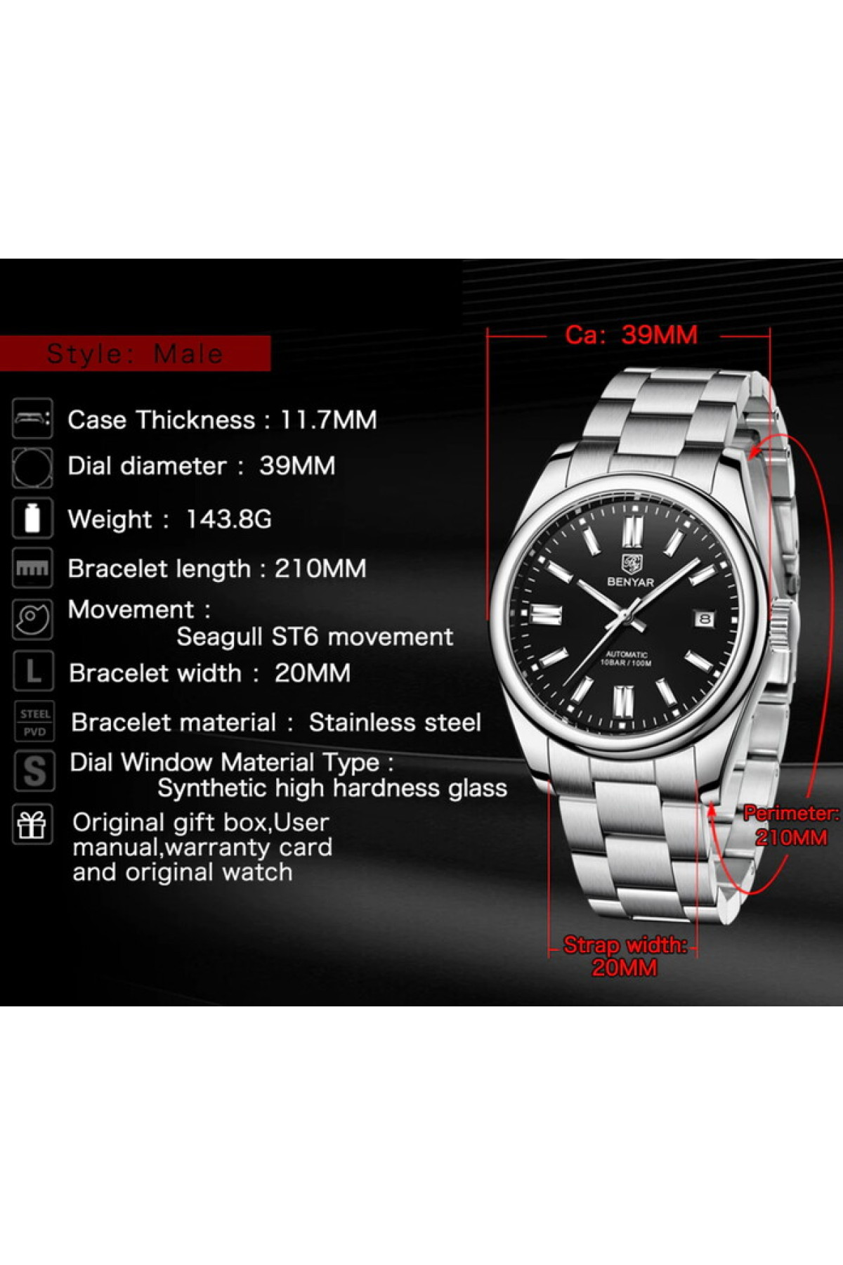 Чоловічий годинник  Benyar Automatic Leather Deluxe, 2 ремінці