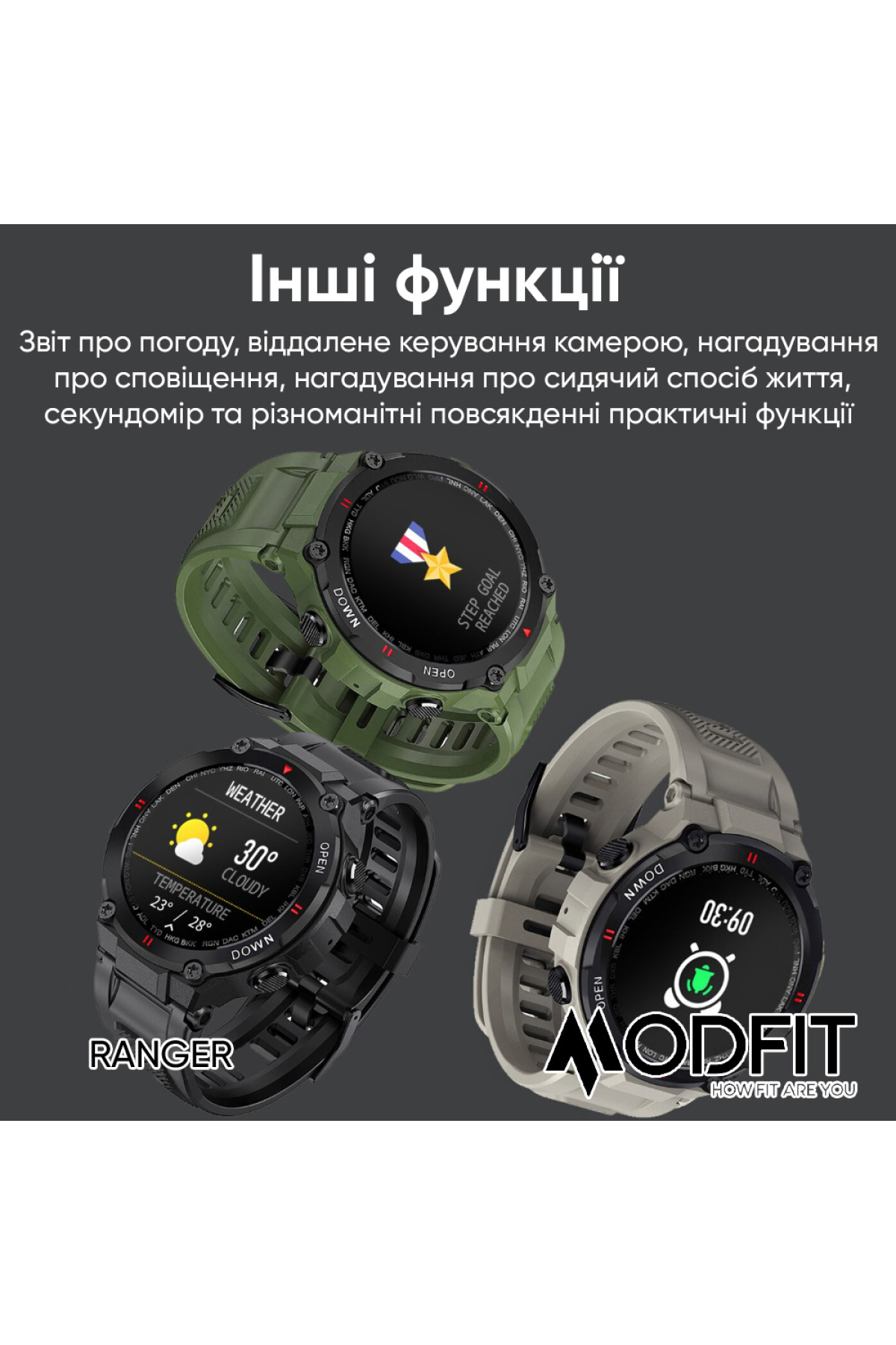 Смарт годинники Modfit Modfit Modfit Ranger Army Green 36 мм.